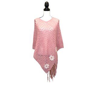 DNY Pink Crochet Fringe Poncho Scarf with Floral Appliques